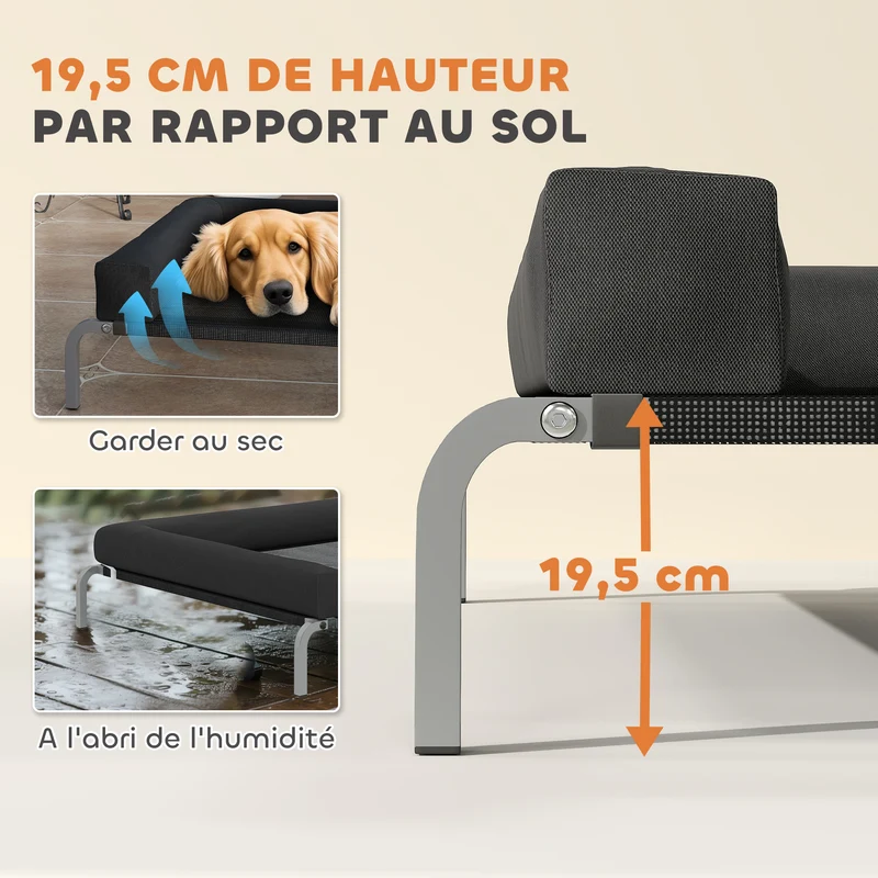 Lit surélevé pour chien intérieur extérieur 130 x 90 x 30 cm assise aérée soutien articulaire moderne en textilène noir 21_0007373