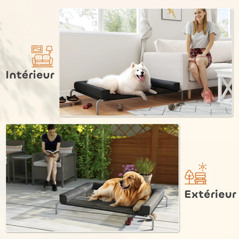 Lit surélevé pour chien intérieur extérieur 130 x 90 x 30 cm assise aérée soutien articulaire moderne en textilène noir 21_0007373
