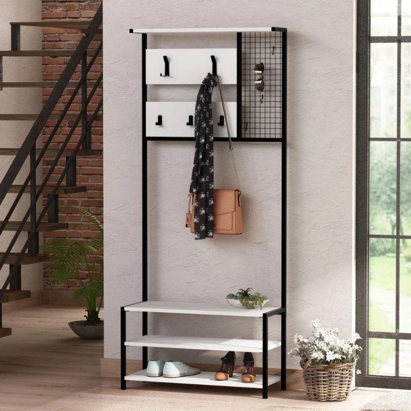 Mobile ingresso 78 cm in legno con appendiabiti in metallo nero e particolari colore bianco - Nomad