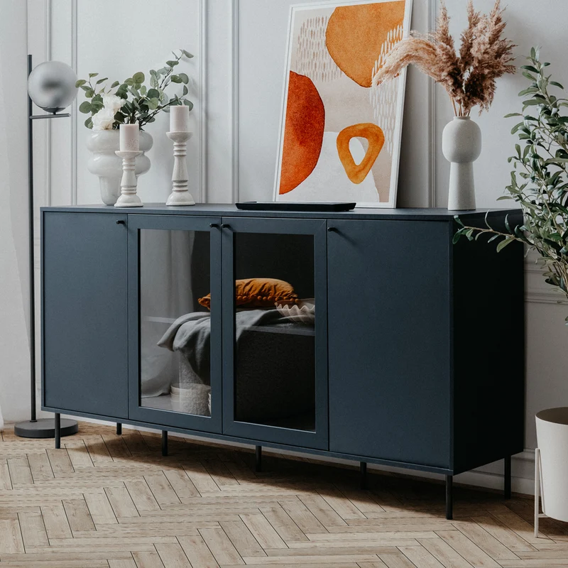 Credenza moderna 180cm con ante in vetro e ripiani colore blue navy - Caracas