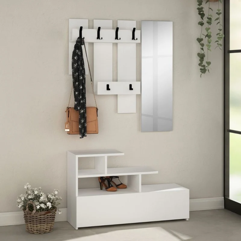 Mobile da ingresso 100 cm in legno con scarpiera e specchio colore bianco - Vesty