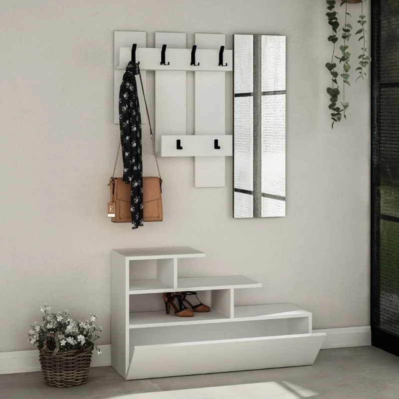 Mobile da ingresso 100 cm in legno con scarpiera e specchio colore bianco - Vesty