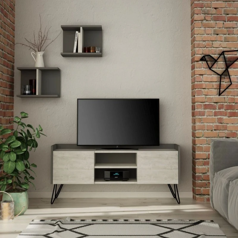 Mobile porta TV 125cm in legno con 2 ante colore bianco vintage e antracite - Klappe