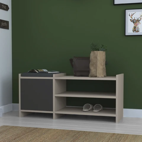 Panca con Scarpiera 100x44h cm con anta e ripiani colore tortora e antracite - Sunno