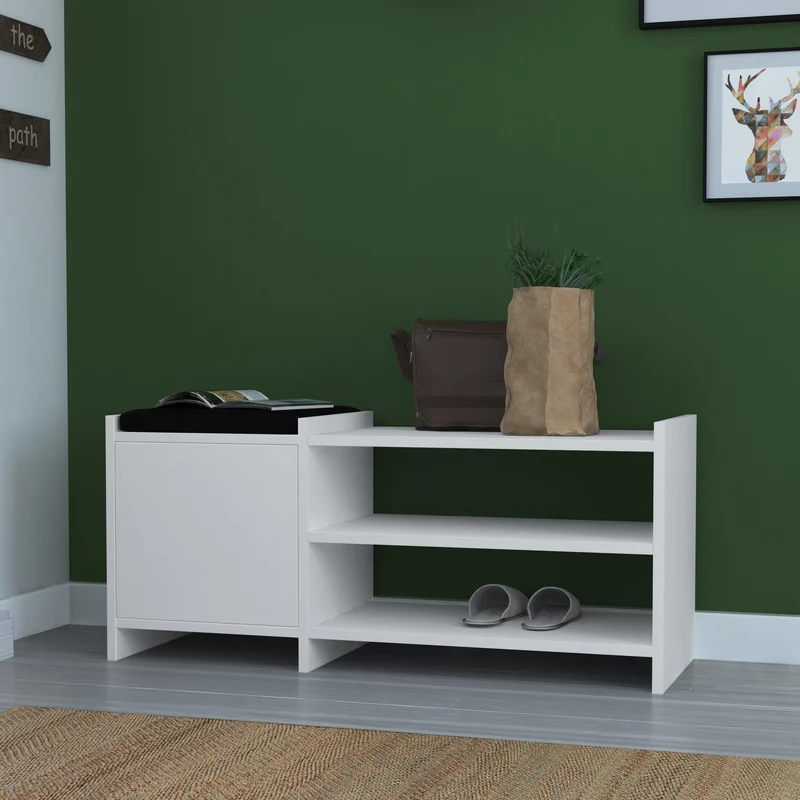 Panca con Scarpiera 100x44h cm con anta e ripiani colore bianco - Sunno