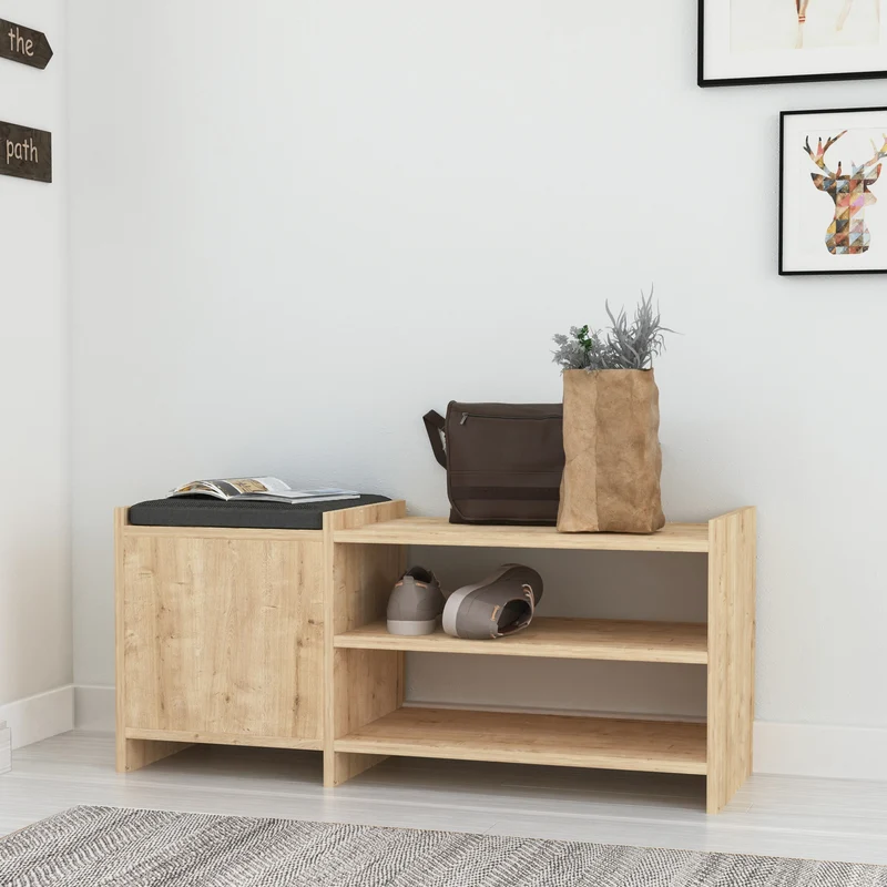 Panca con Scarpiera 100x44h cm con anta e ripiani colore rovere - Sunno