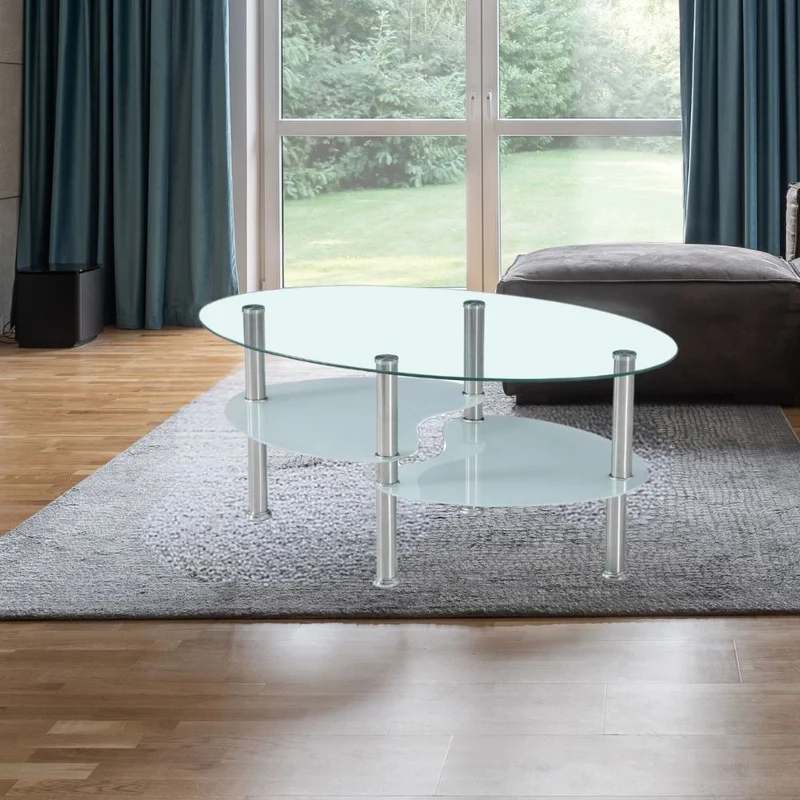 Tavolino ovale da salotto 90x55 cm con 3 piani in vetro e gambe in acciaio - Mimas