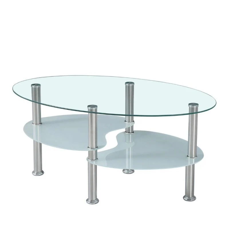 Tavolino ovale da salotto 90x55 cm con 3 piani in vetro e gambe in acciaio - Mimas