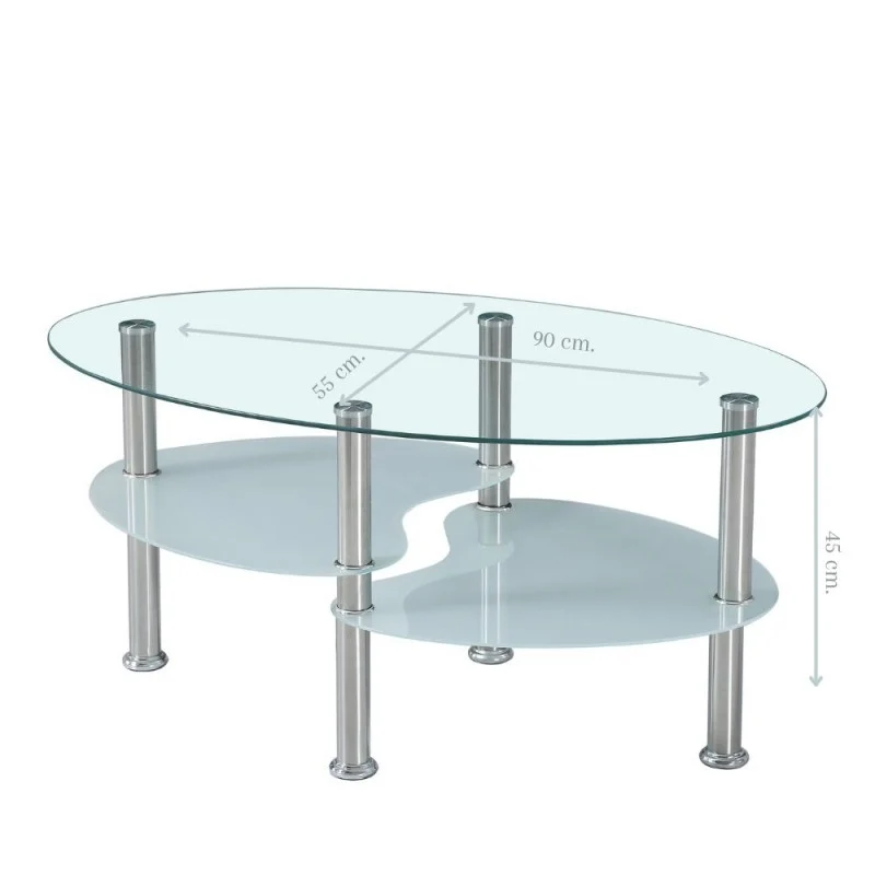 Tavolino ovale da salotto 90x55 cm con 3 piani in vetro e gambe in acciaio - Mimas