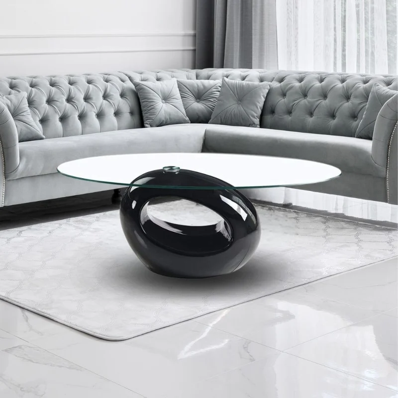 Tavolino da salotto 115x65 cm con piano in vetro ovale e struttura nero lucido - Miranda