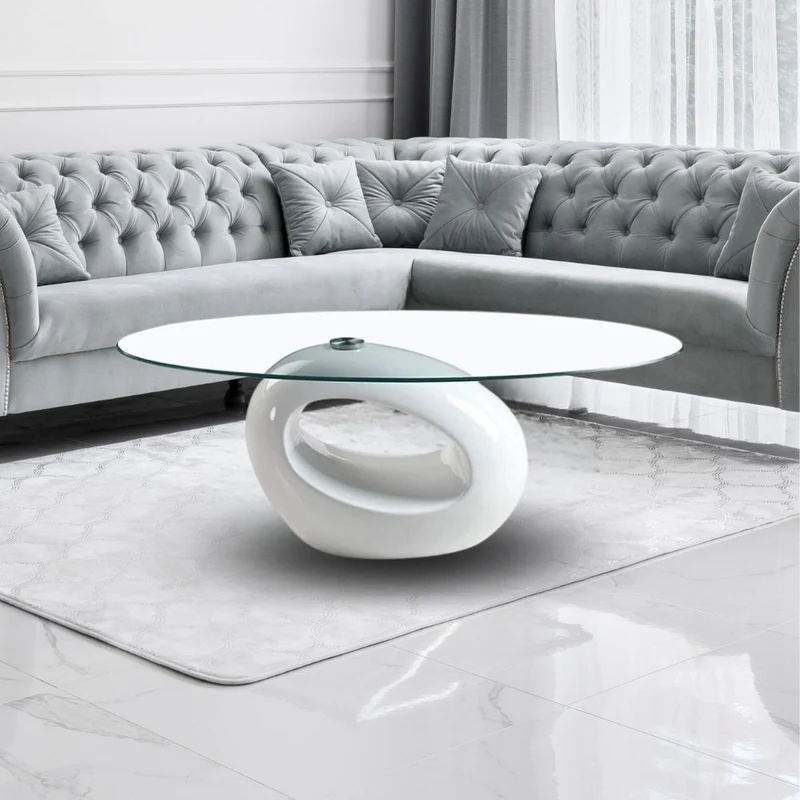 Tavolino da salotto 115x65 cm con piano in vetro ovale e struttura bianco lucido - Miranda