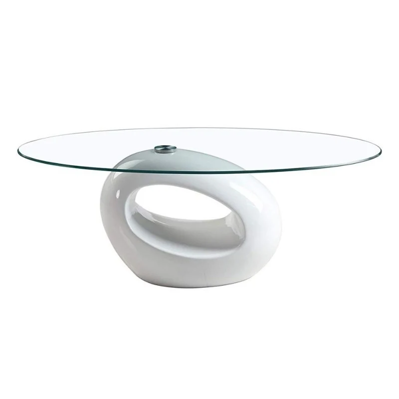 Tavolino da salotto 115x65 cm con piano in vetro ovale e struttura bianco lucido - Miranda