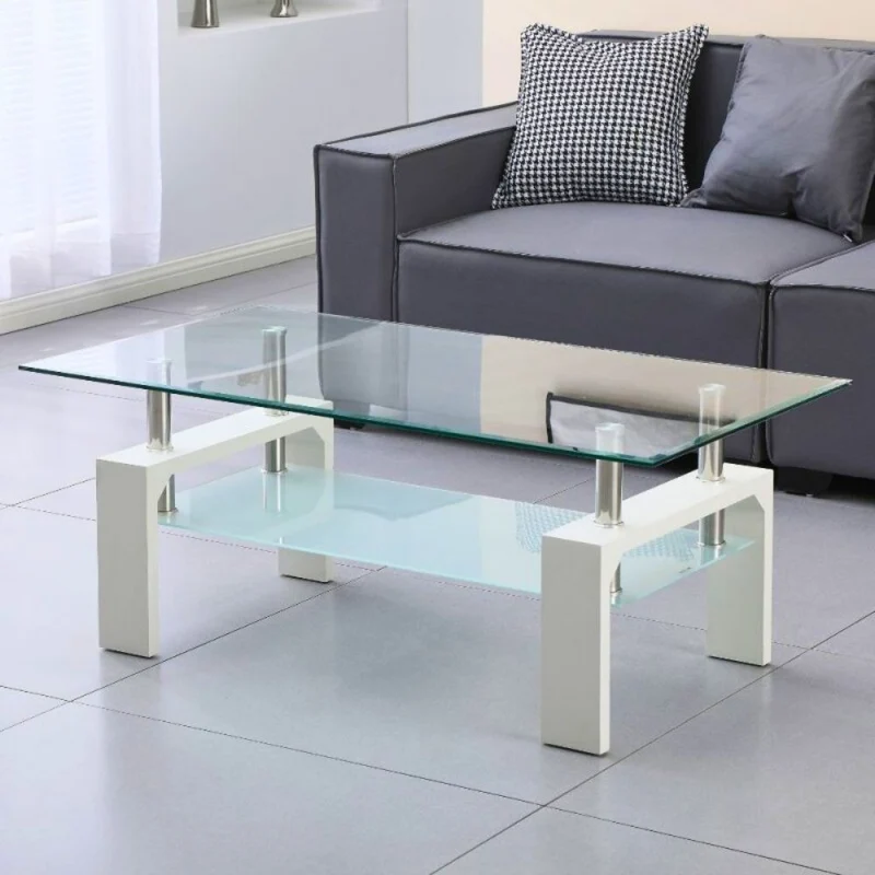 Tavolino da salotto 110x60 cm colore bianco con due ripiani in vetro - Titania