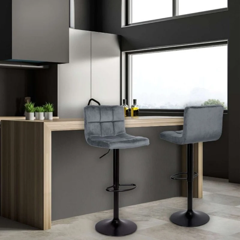 Sgabello regolabile con seduta in velluto grigio e base in metallo nero opaco - Mosva
