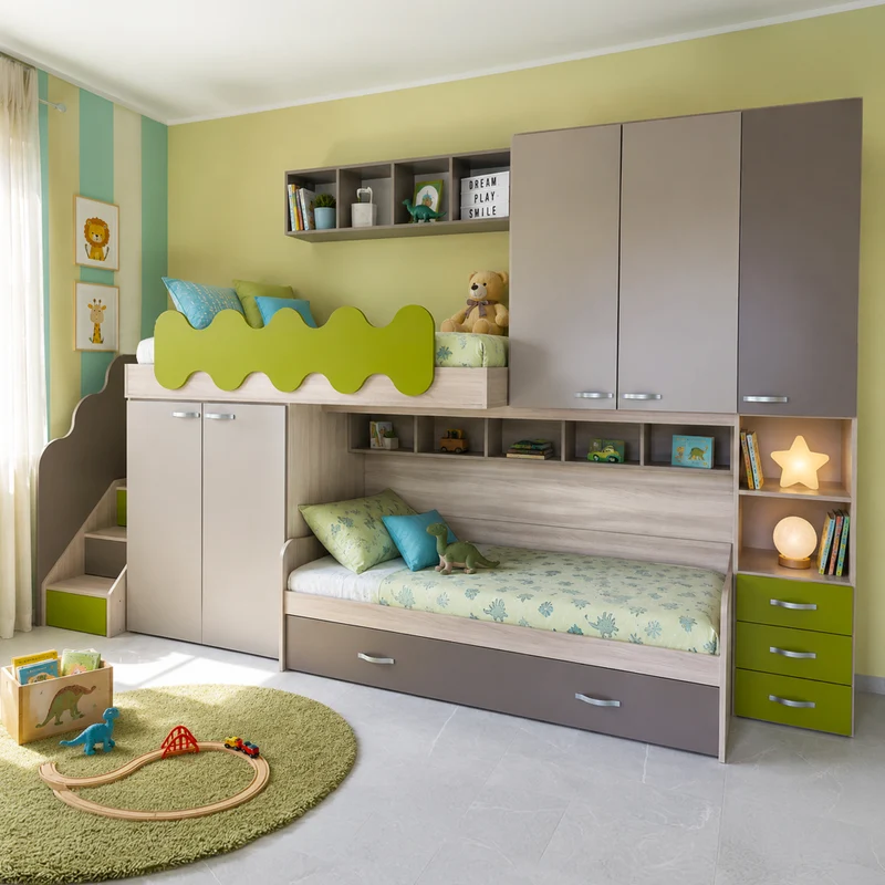 Cameretta soppalco con 3 letti color talco verde e brown - Milly