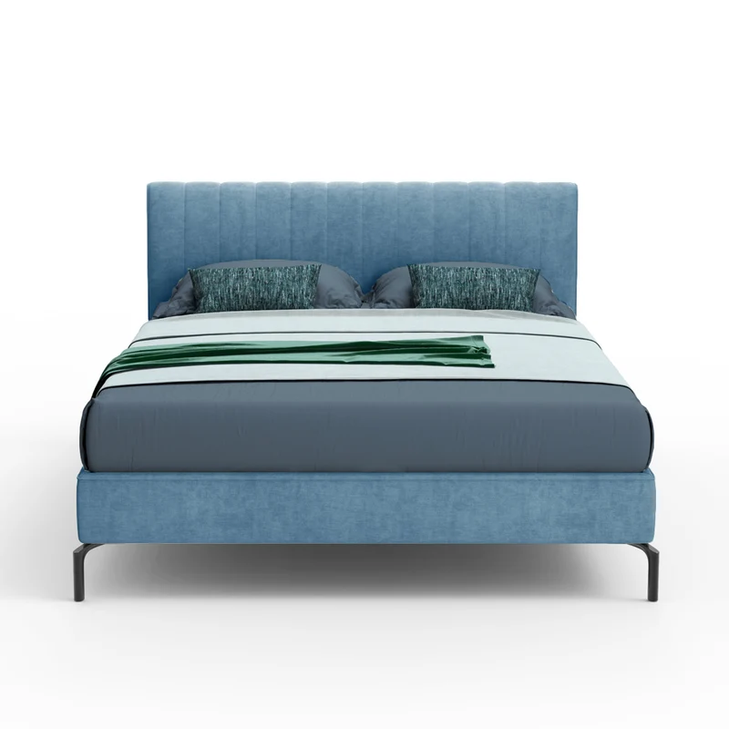Letto matrimoniale colore blu con contenitore e testiera con cuciture verticali - Aki