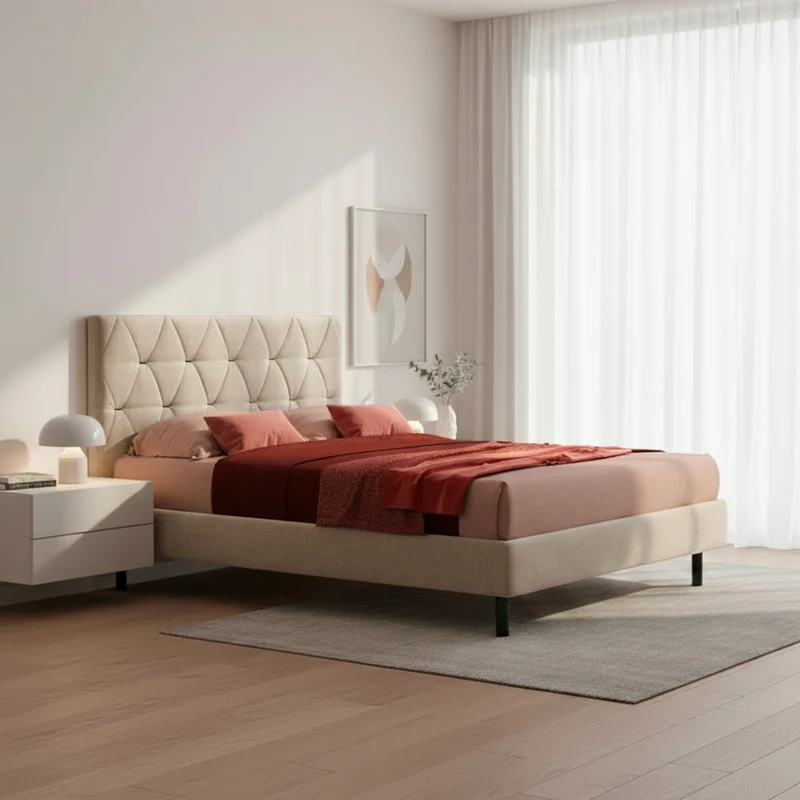 Letto matrimoniale con contenitore e testiera trapuntata colore beige - Cody