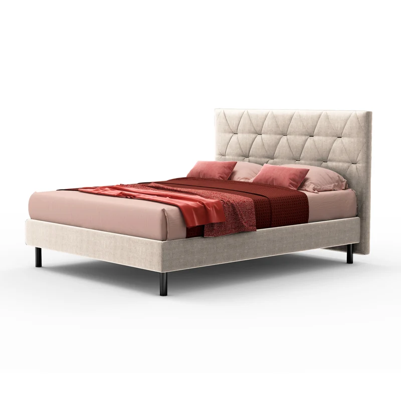 Letto matrimoniale con contenitore e testiera trapuntata colore beige - Cody