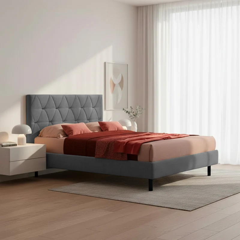 Letto matrimoniale con contenitore e testiera trapuntata colore grigio - Cody
