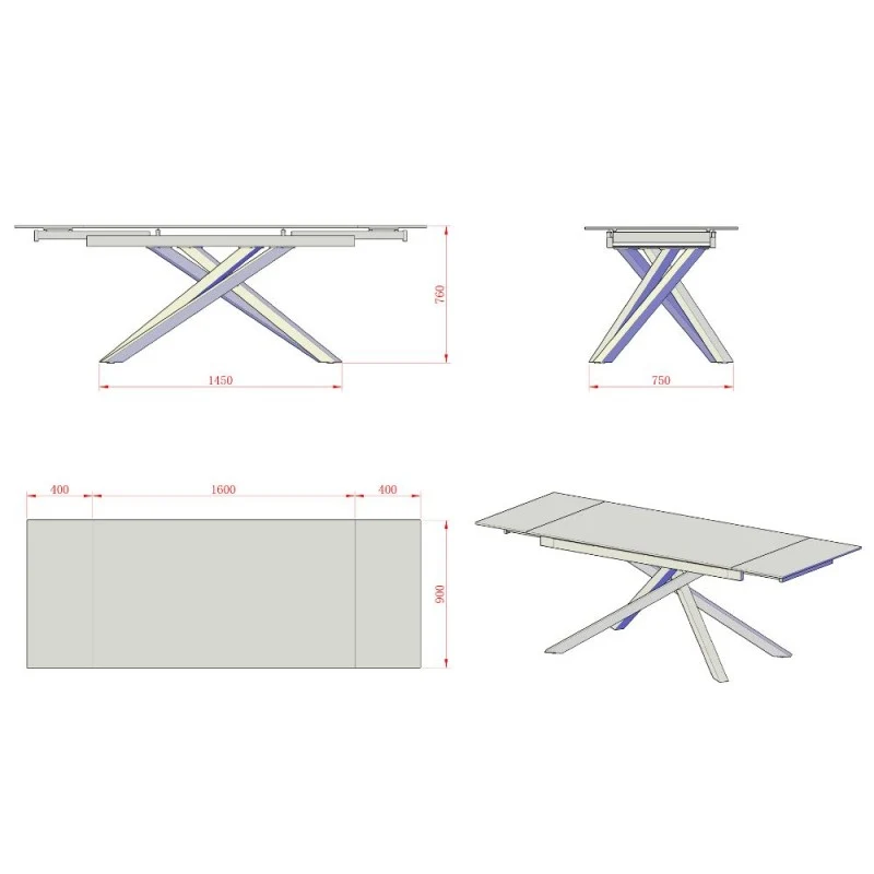Tavolo allungabile con top in ceramica colore grigio italiano con gambe argento - Nefti