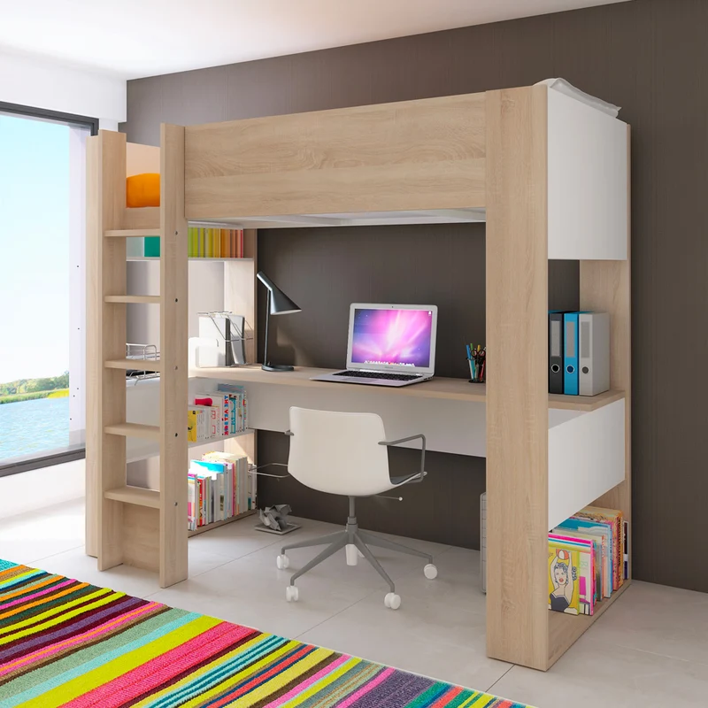 Cameretta con letto a soppalco e scrivania sottostante colore bianco e rovere