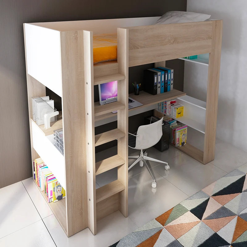 Cameretta con letto a soppalco e scrivania sottostante colore bianco e rovere