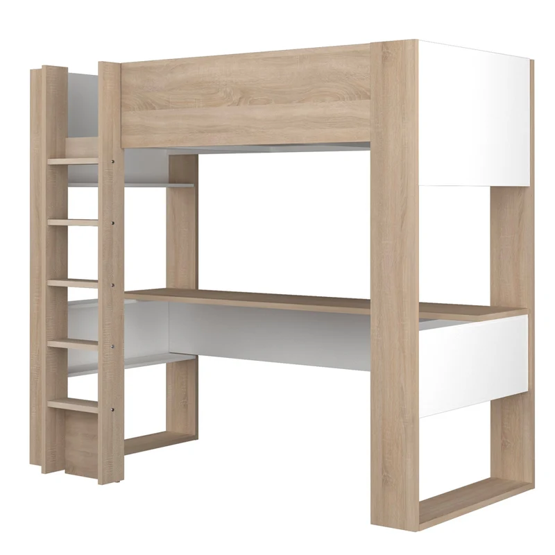 Cameretta con letto a soppalco e scrivania sottostante colore bianco e rovere