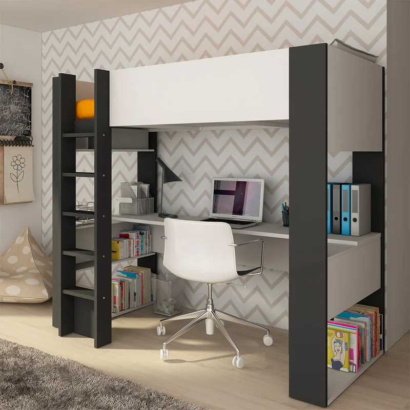 Cameretta con letto a soppalco e scrivania sottostante colore bianco e antracite