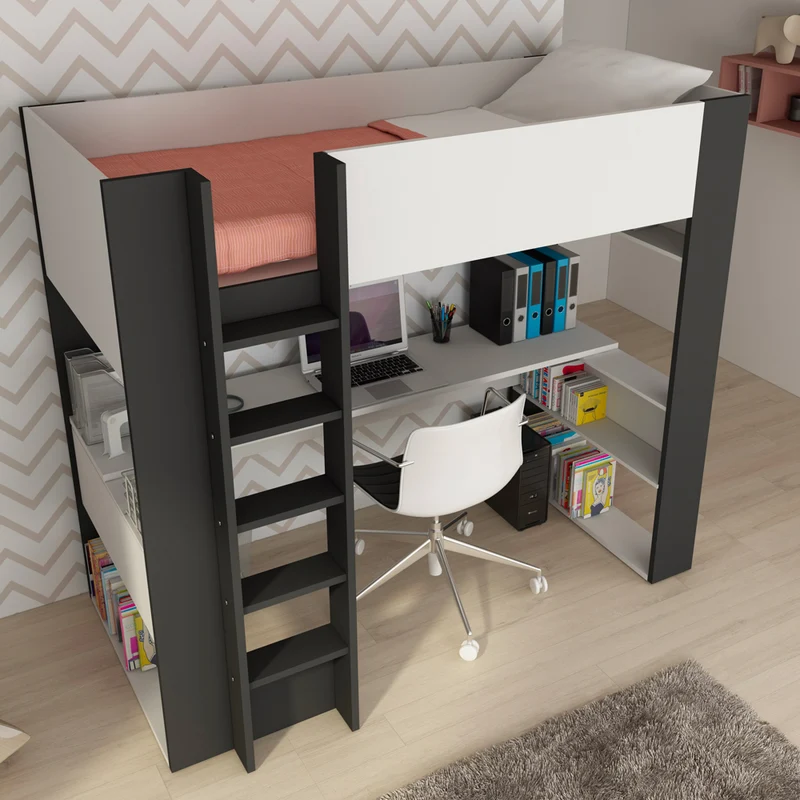 Cameretta con letto a soppalco e scrivania sottostante colore bianco e antracite