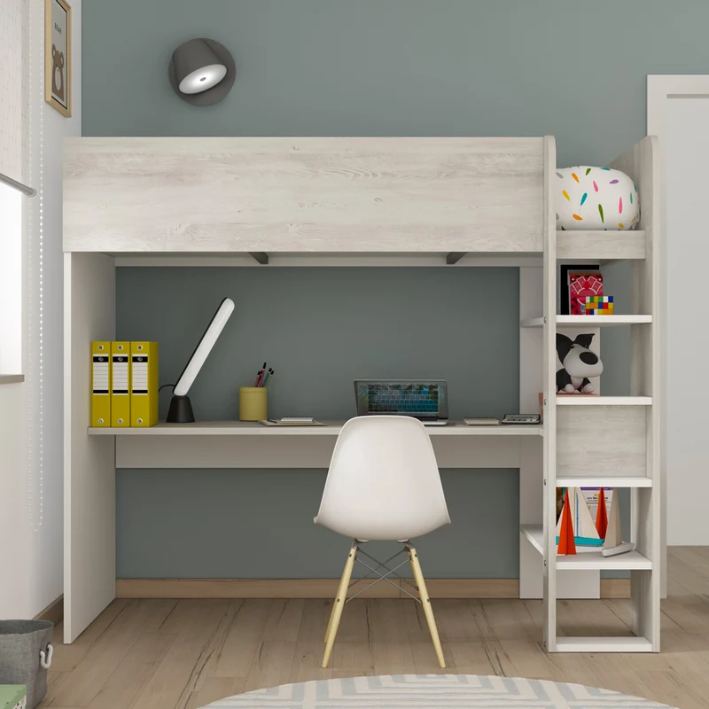Cameretta con letto a soppalco e scrivania sottostante colore bianco e bianco consumato