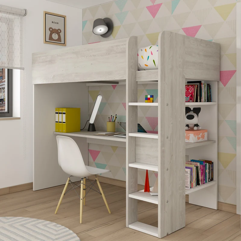 Cameretta con letto a soppalco e scrivania sottostante colore bianco e bianco consumato