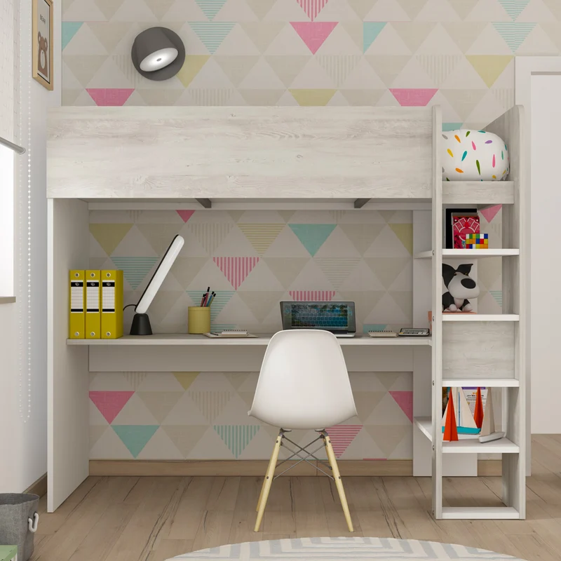 Cameretta con letto a soppalco e scrivania sottostante colore bianco e bianco consumato