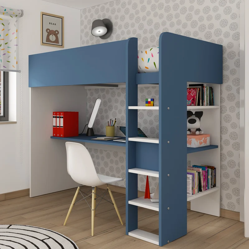 Cameretta con letto a soppalco e scrivania sottostante colore bianco e azzurro