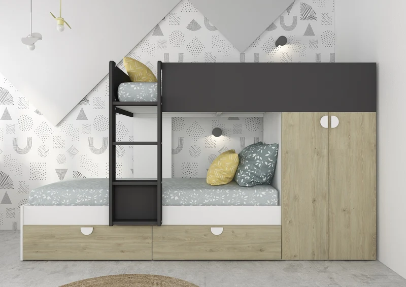 Letto a castello Gilbo per due bambini con armadio e cassetti colore rovere e antracite