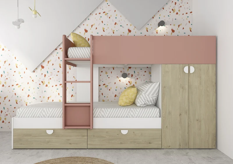 Letto a castello Gilbo per due bambini con armadio e cassetti colore rovere e rosa antico