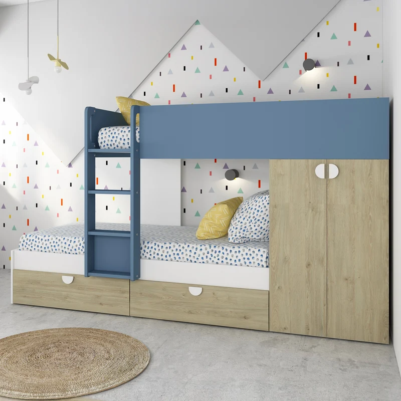 Letto a castello Gilbo per due bambini con armadio e cassetti colore rovere e azzurro