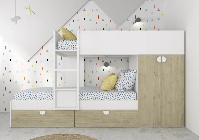Letto a castello Gilbo per due bambini con armadio e cassetti colore rovere e bianco