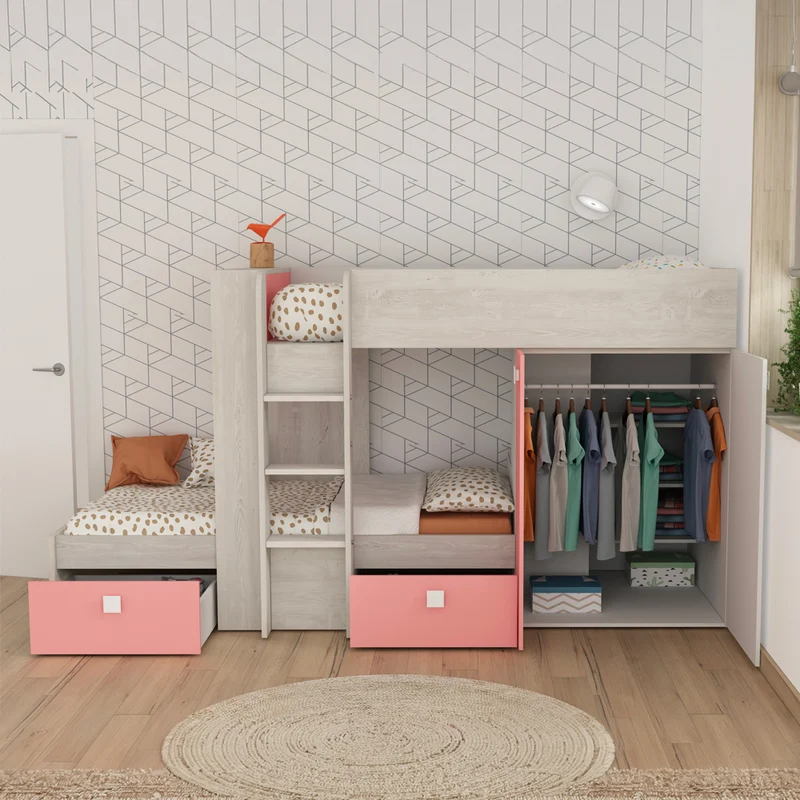 Letto a castello Bunky per due bambini con cassetti e armadio colore bianco consumato e rosa flamingo