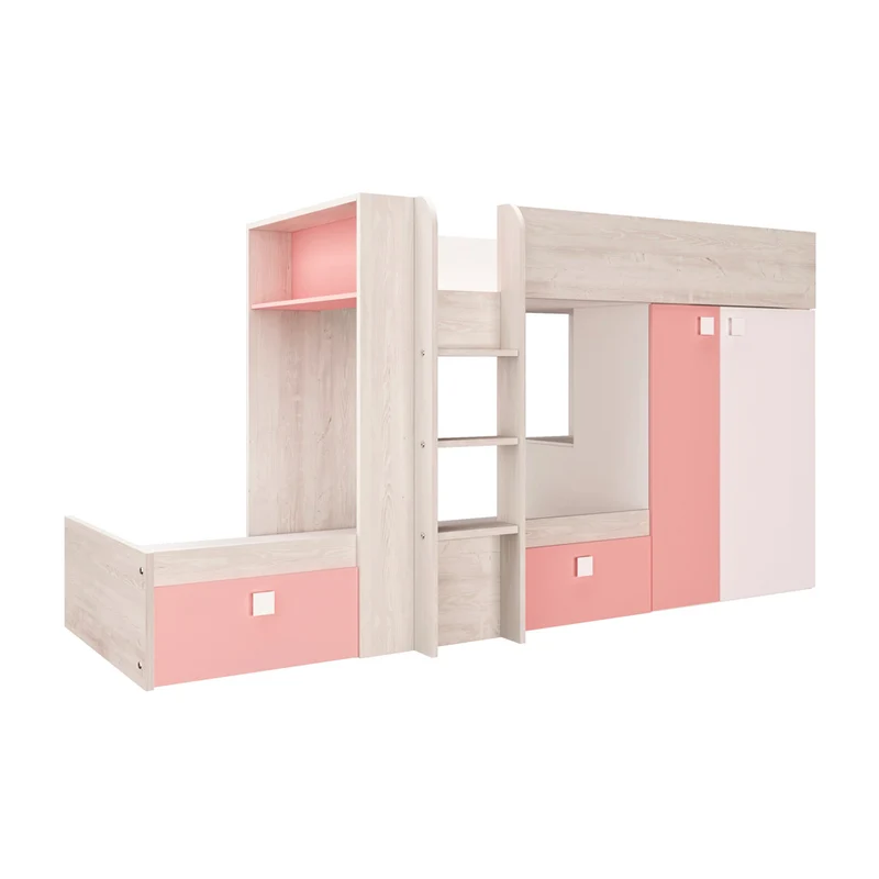 Letto a castello Bunky per due bambini con cassetti e armadio colore bianco consumato e rosa flamingo
