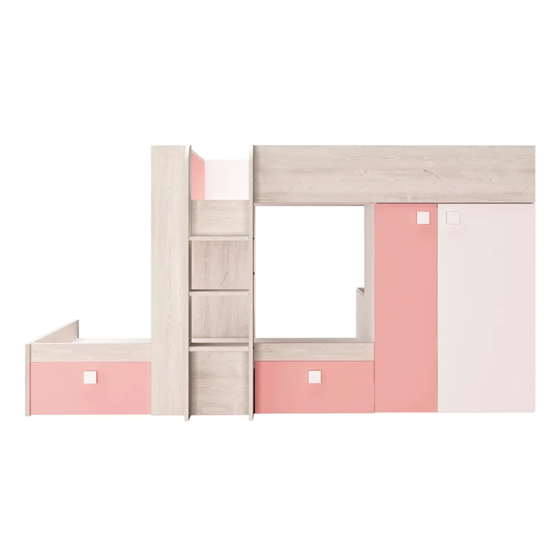 Letto a castello Bunky per due bambini con cassetti e armadio colore bianco consumato e rosa flamingo