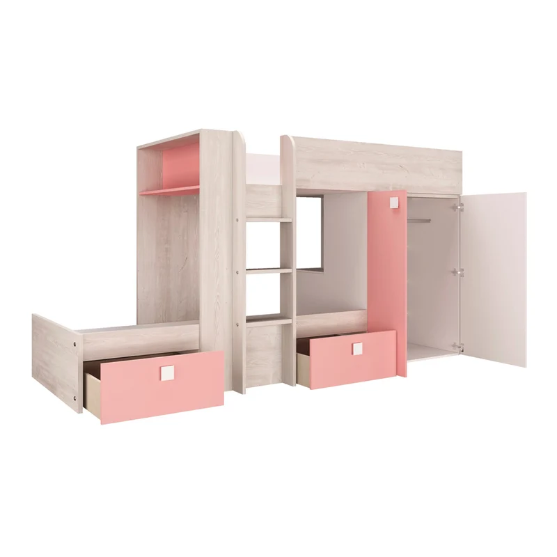 Letto a castello Bunky per due bambini con cassetti e armadio colore bianco consumato e rosa flamingo