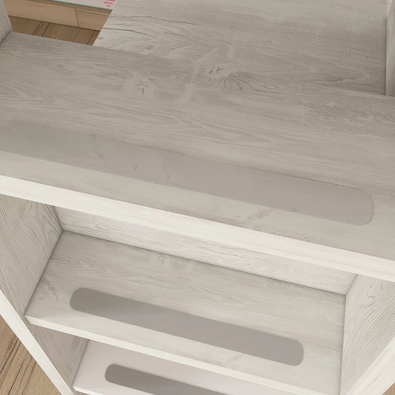 Letto a castello Bunky per due bambini con cassetti e armadio colore bianco consumato e rosa flamingo