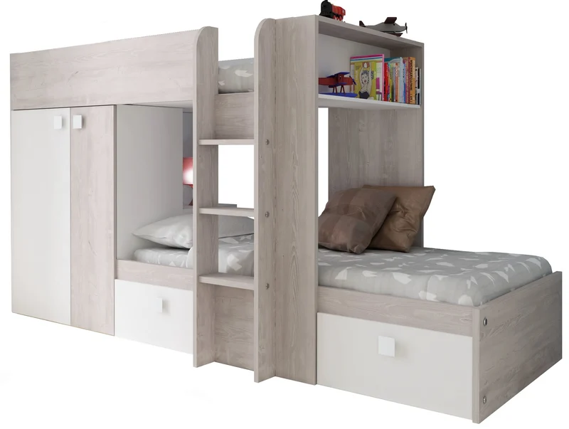 Letto a castello Bunky per bambini con cassetti e armadio colore bianco