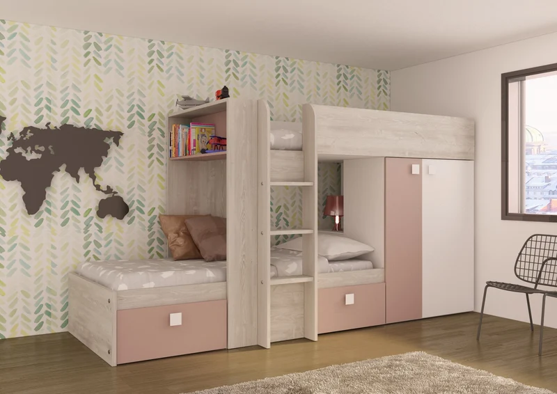 Letto a castello per due bambini con cassetti e armadio colore bianco consumato e rosa antico - Bunky
