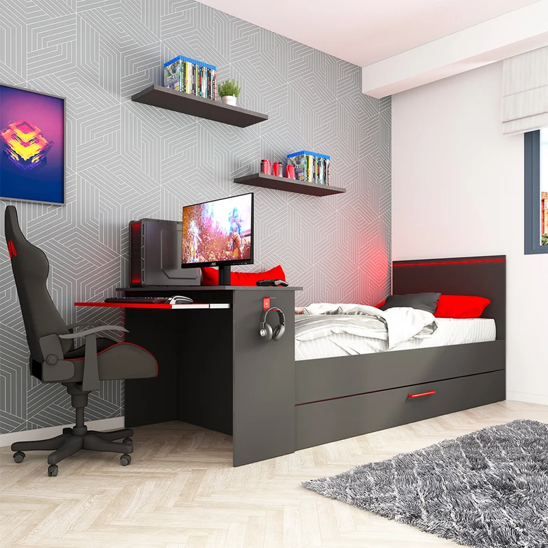 Cameretta con letto singolo estraibile e scrivania incorporata colore antracite e rosso reversibile