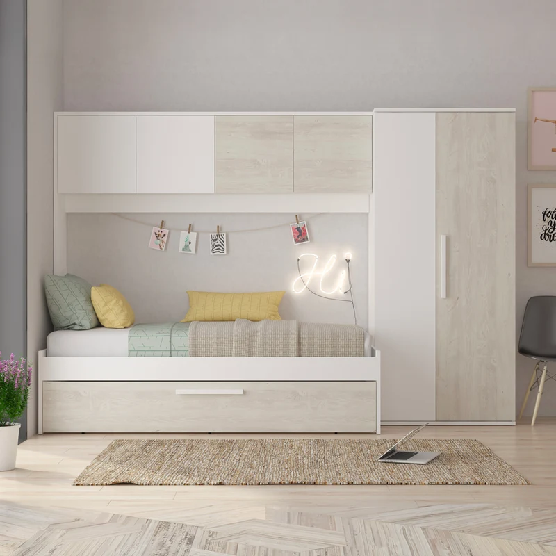 Cameretta a ponte con letto estraibile e armadio colore bianco consumato e bianco