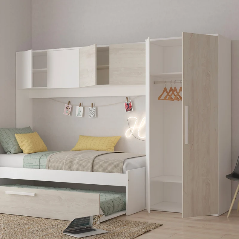 Cameretta a ponte con letto estraibile e armadio colore bianco consumato e bianco