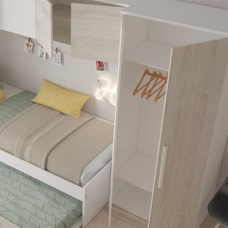 Cameretta a ponte con letto estraibile e armadio colore bianco consumato e bianco