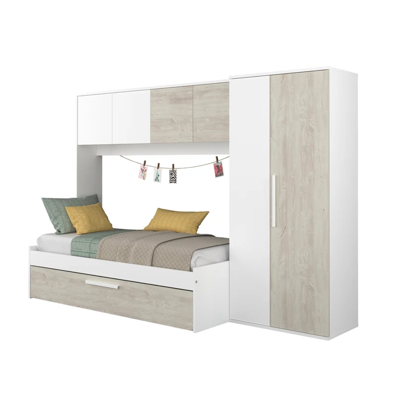 Cameretta a ponte con letto estraibile e armadio colore bianco consumato e bianco