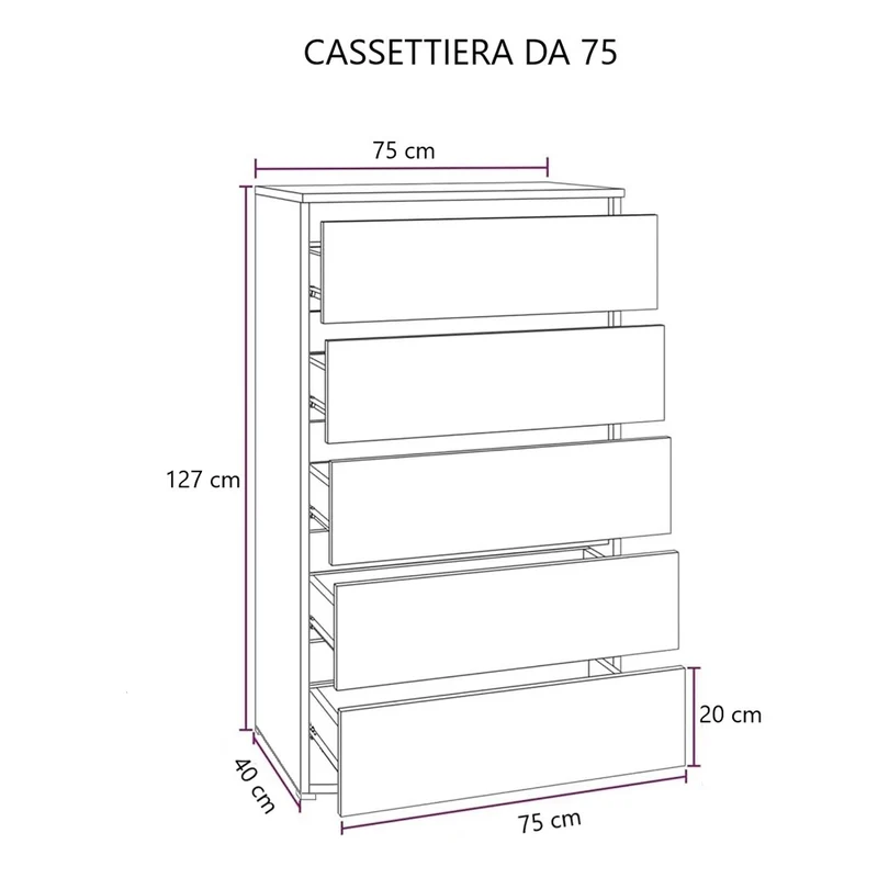 Cassettiera con 5 cassetti colore noce antico 75x127H cm montata